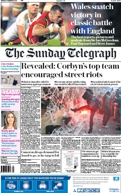 The Sunday Telegraph Newspaper Front Page for 27 September 2015