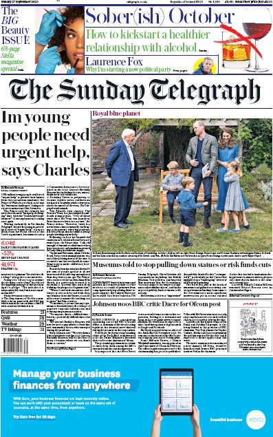 The Sunday Telegraph Newspaper Front Page for 27 September 2020
