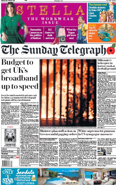 The Sunday Telegraph Newspaper Front Page for 28 October 2018
