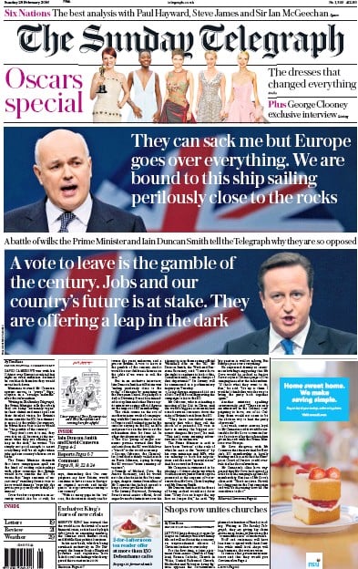 The Sunday Telegraph Newspaper Front Page for 28 February 2016