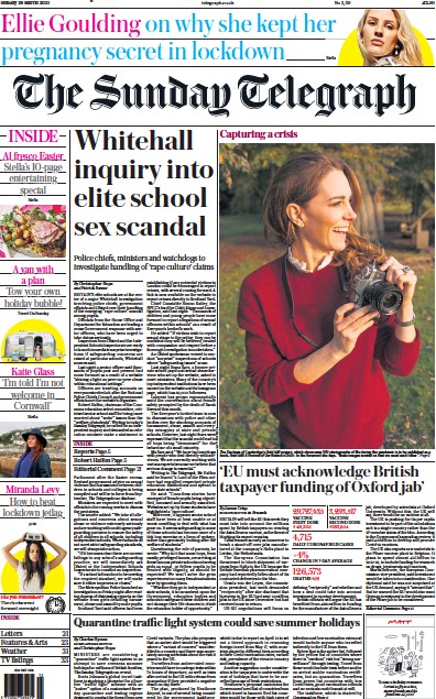 The Sunday Telegraph (UK) Newspaper Front Page for 28 March 2021