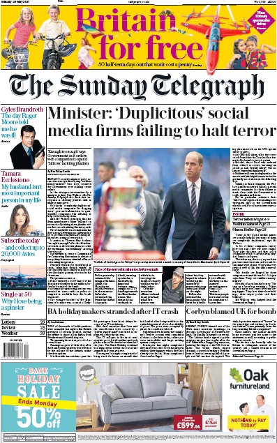 The Sunday Telegraph Newspaper Front Page for 28 May 2017