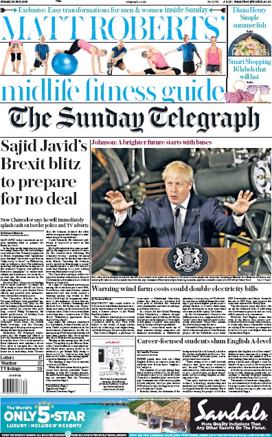 The Sunday Telegraph Newspaper Front Page for 28 July 2019