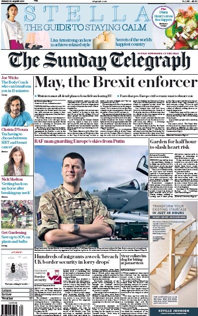 The Sunday Telegraph Newspaper Front Page for 28 August 2016