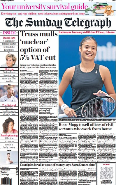 The Sunday Telegraph (UK) Newspaper Front Page for 28 August 2022