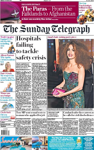 The Sunday Telegraph Newspaper Front Page for 29 October 2017