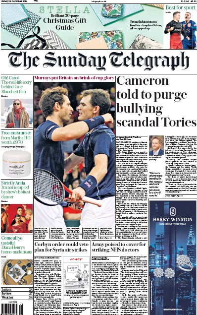 The Sunday Telegraph Newspaper Front Page for 29 November 2015