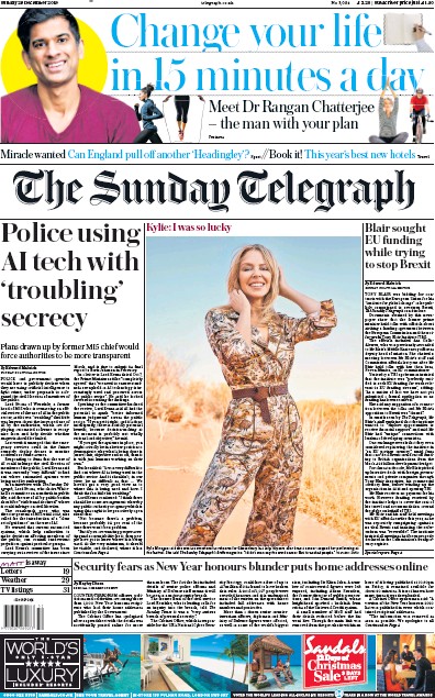 The Sunday Telegraph (UK) Newspaper Front Page for 29 December 2019