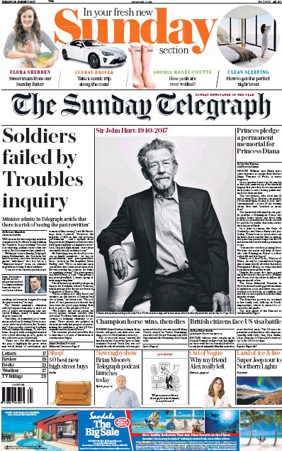 The Sunday Telegraph Newspaper Front Page for 29 January 2017