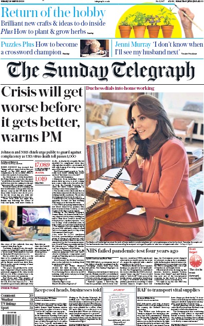The Sunday Telegraph Newspaper Front Page for 29 March 2020