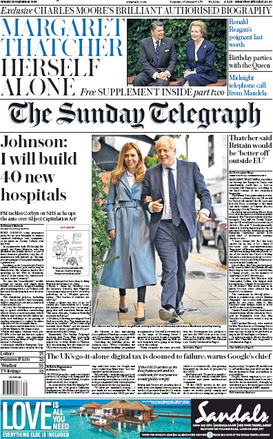 The Sunday Telegraph Newspaper Front Page for 29 September 2019
