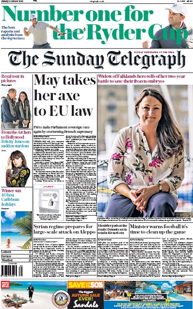 The Sunday Telegraph Newspaper Front Page for 2 October 2016