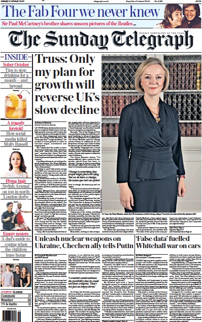 The Sunday Telegraph Newspaper Front Page for 2 October 2022