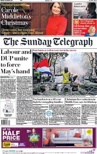 The Sunday Telegraph (UK) Newspaper Front Page for 2 December 2018