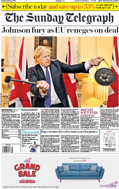 The Sunday Telegraph Newspaper Front Page for 2 February 2020