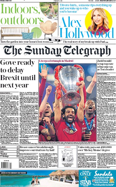 The Sunday Telegraph Newspaper Front Page for 2 June 2019