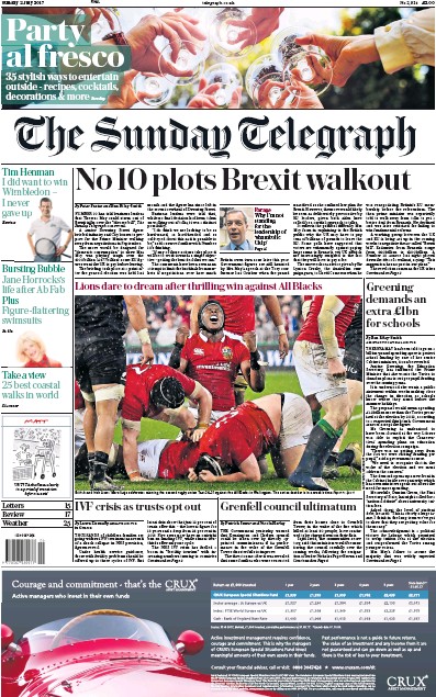 The Sunday Telegraph Newspaper Front Page for 2 July 2017
