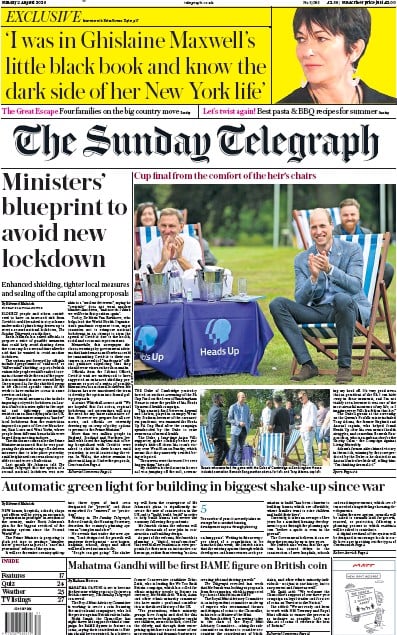 The Sunday Telegraph Newspaper Front Page for 2 August 2020