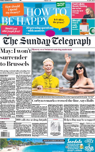 The Sunday Telegraph Newspaper Front Page for 2 September 2018