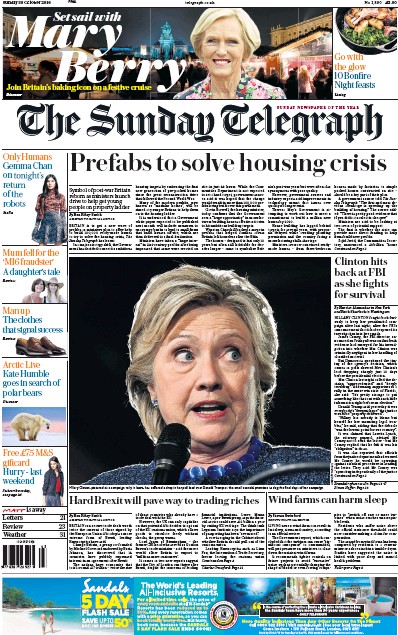 The Sunday Telegraph Newspaper Front Page for 30 October 2016