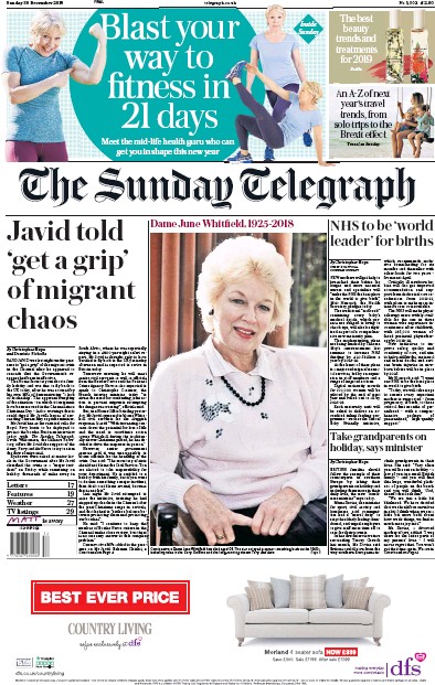 The Sunday Telegraph Newspaper Front Page for 30 December 2018