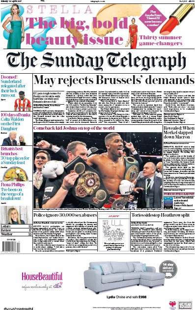 The Sunday Telegraph Newspaper Front Page for 30 April 2017