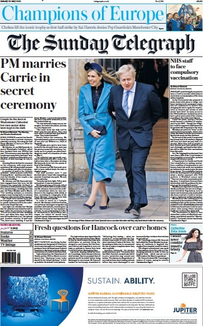 The Sunday Telegraph Newspaper Front Page for 30 May 2021