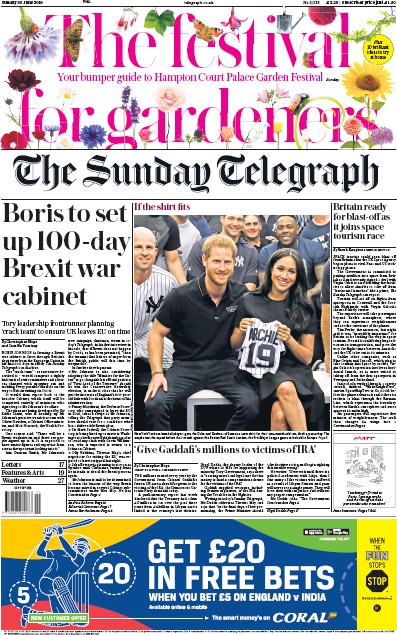 The Sunday Telegraph Newspaper Front Page for 30 June 2019