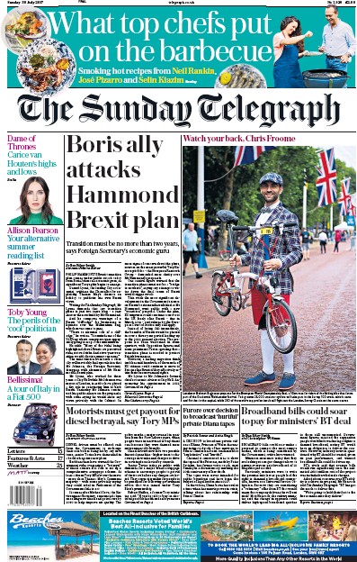 The Sunday Telegraph Newspaper Front Page for 30 July 2017
