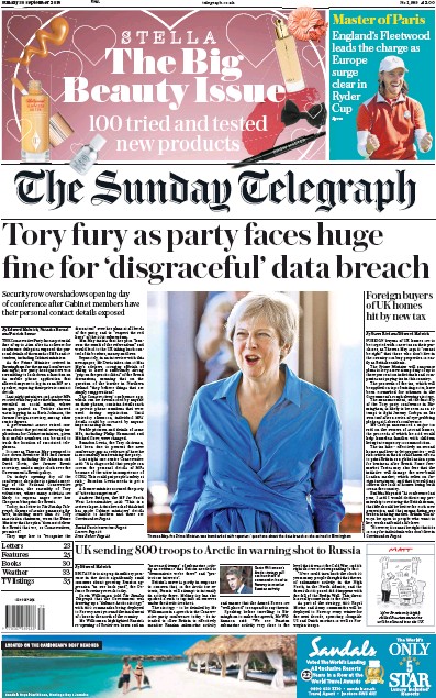 The Sunday Telegraph (UK) Newspaper Front Page for 30 September 2018