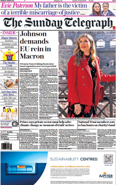 The Sunday Telegraph (UK) Newspaper Front Page for 31 October 2021
