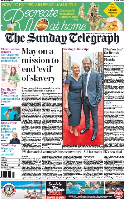 The Sunday Telegraph Newspaper Front Page for 31 July 2016