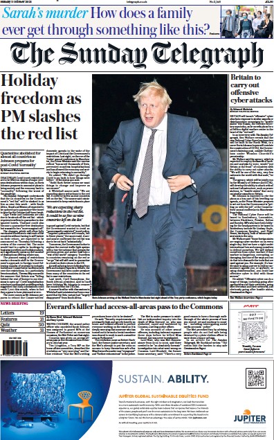 The Sunday Telegraph (UK) Newspaper Front Page for 3 October 2021