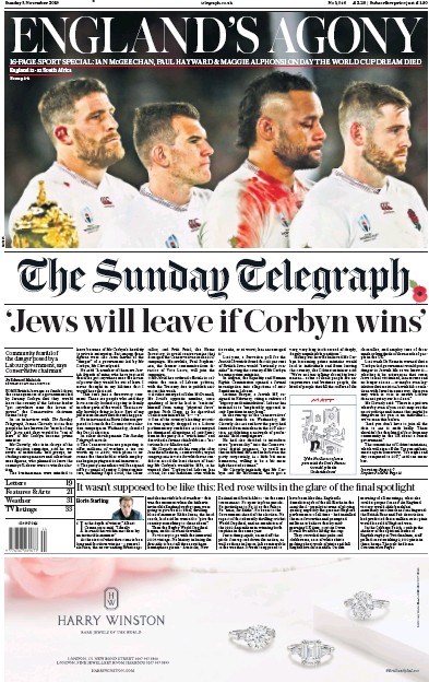 The Sunday Telegraph Newspaper Front Page for 3 November 2019