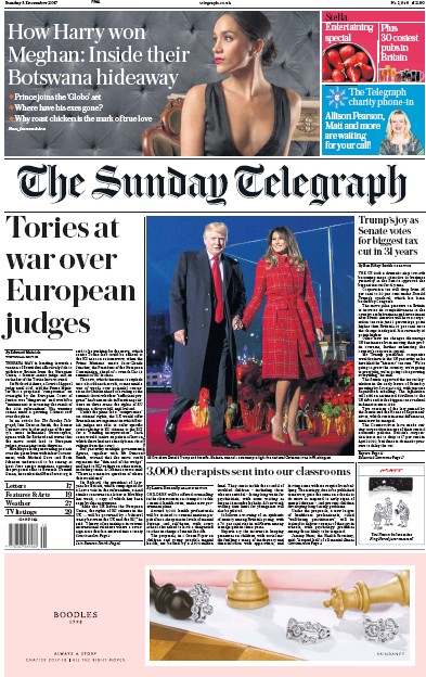The Sunday Telegraph Newspaper Front Page for 3 December 2017