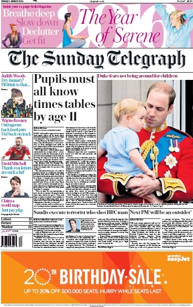 The Sunday Telegraph Newspaper Front Page for 3 January 2016