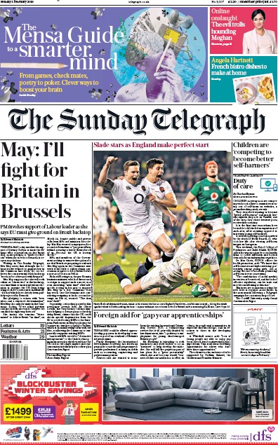 The Sunday Telegraph Newspaper Front Page for 3 February 2019
