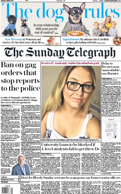 The Sunday Telegraph Newspaper Front Page for 3 March 2019