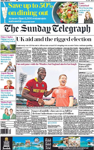The Sunday Telegraph Newspaper Front Page for 3 April 2016