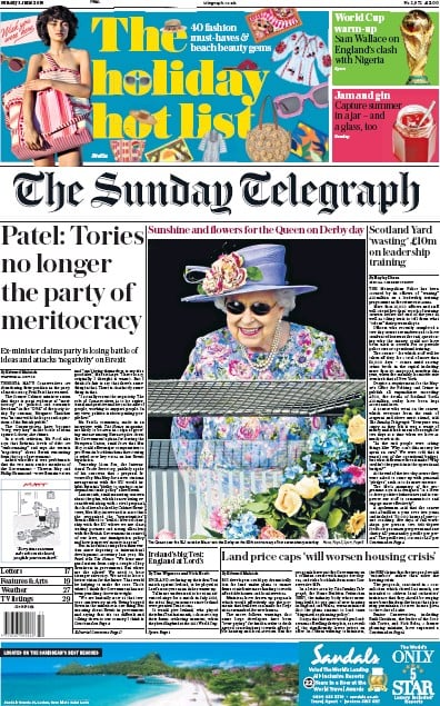 The Sunday Telegraph Newspaper Front Page for 3 June 2018