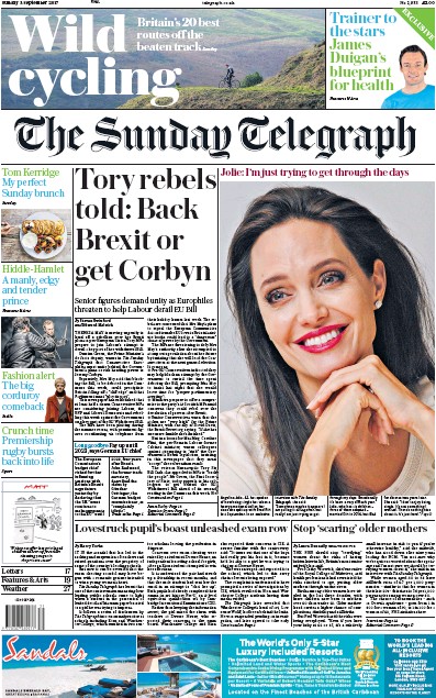 The Sunday Telegraph Newspaper Front Page for 3 September 2017
