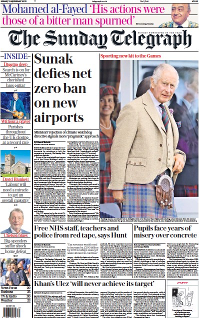The Sunday Telegraph (UK) Newspaper Front Page for 3 September 2023