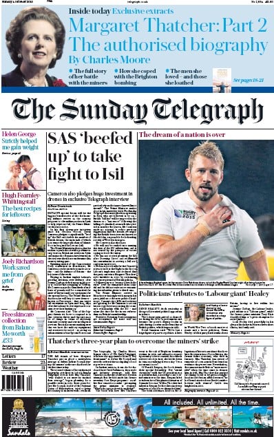 The Sunday Telegraph Newspaper Front Page for 4 October 2015