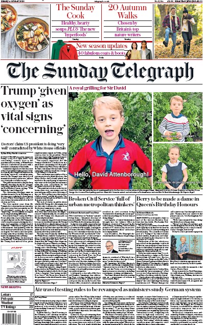 The Sunday Telegraph Newspaper Front Page for 4 October 2020