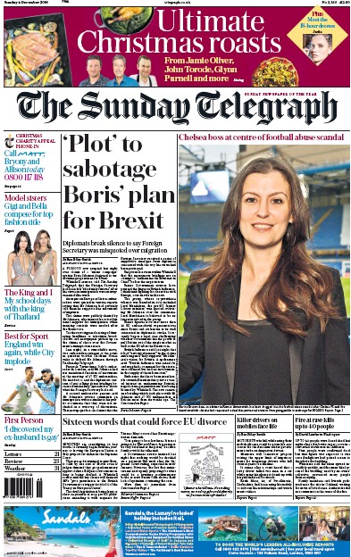 The Sunday Telegraph (UK) Newspaper Front Page for 4 December 2016