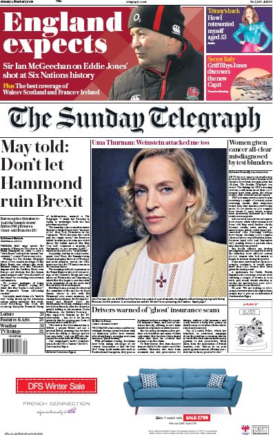 The Sunday Telegraph Newspaper Front Page for 4 February 2018