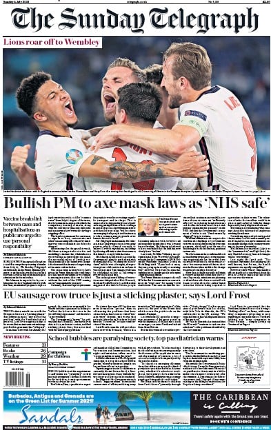 The Sunday Telegraph (UK) Newspaper Front Page for 4 July 2021
