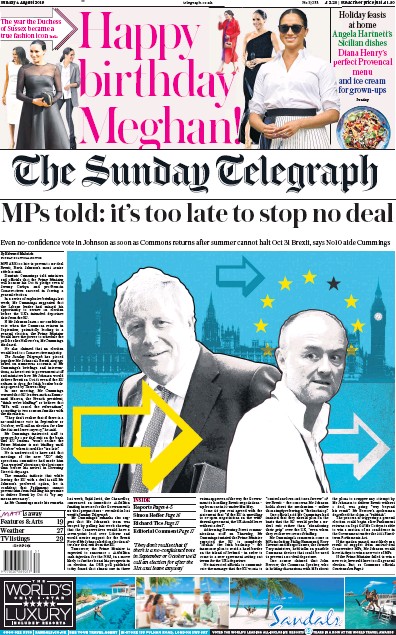 The Sunday Telegraph Newspaper Front Page for 4 August 2019