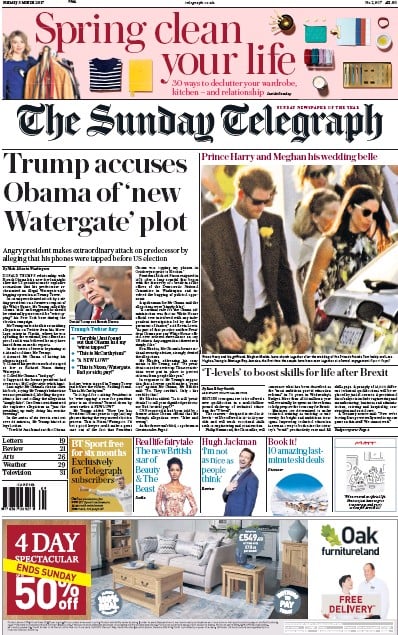 The Sunday Telegraph Newspaper Front Page for 5 March 2017