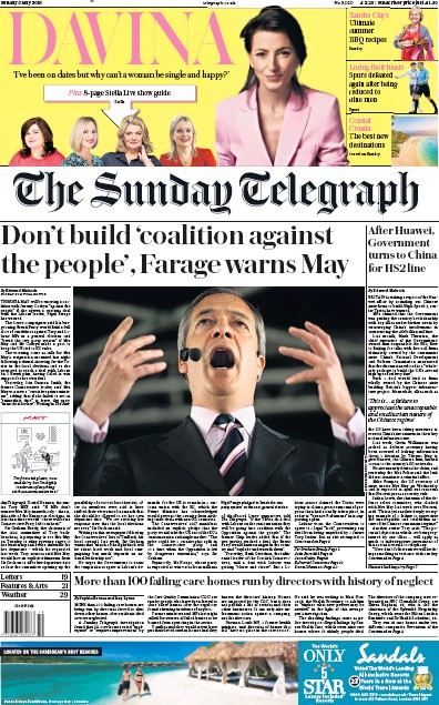 The Sunday Telegraph Newspaper Front Page for 5 May 2019
